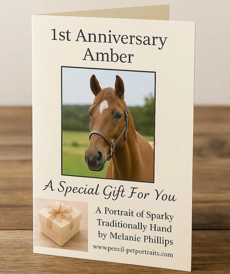 An example of a custom pencil pet portrait gift voucher card.