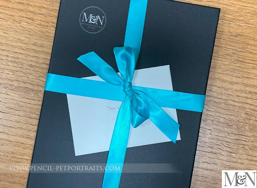 An open package showing a framed pet portrait nestled securely within protective foam.