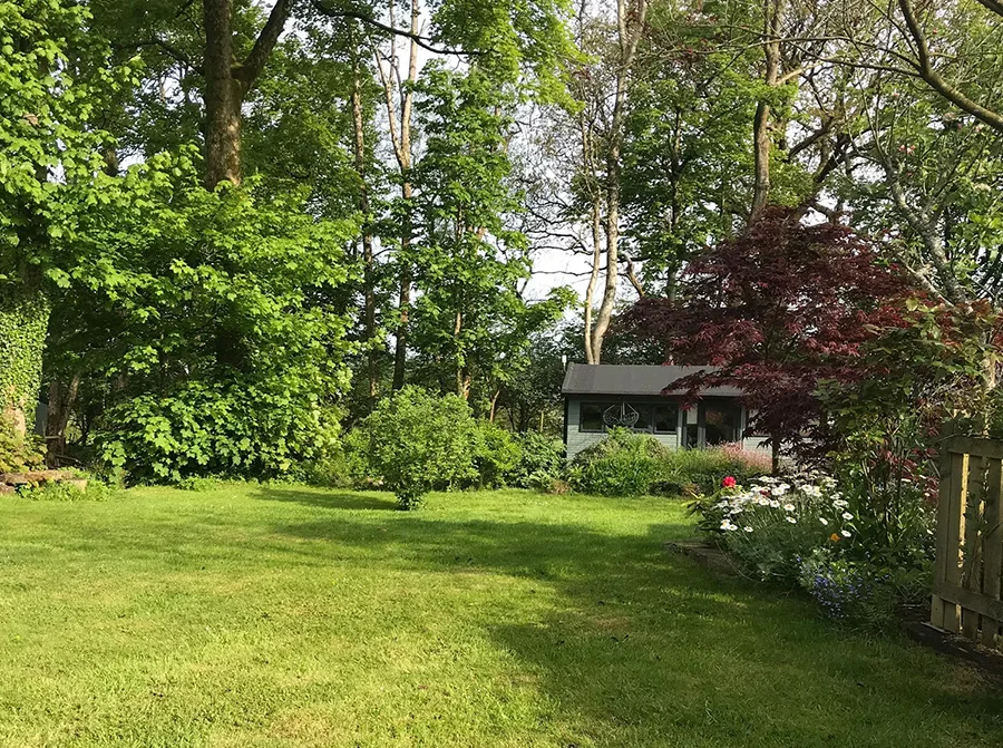 Exterior view of Melanie's art studio nestled in a woodland garden.