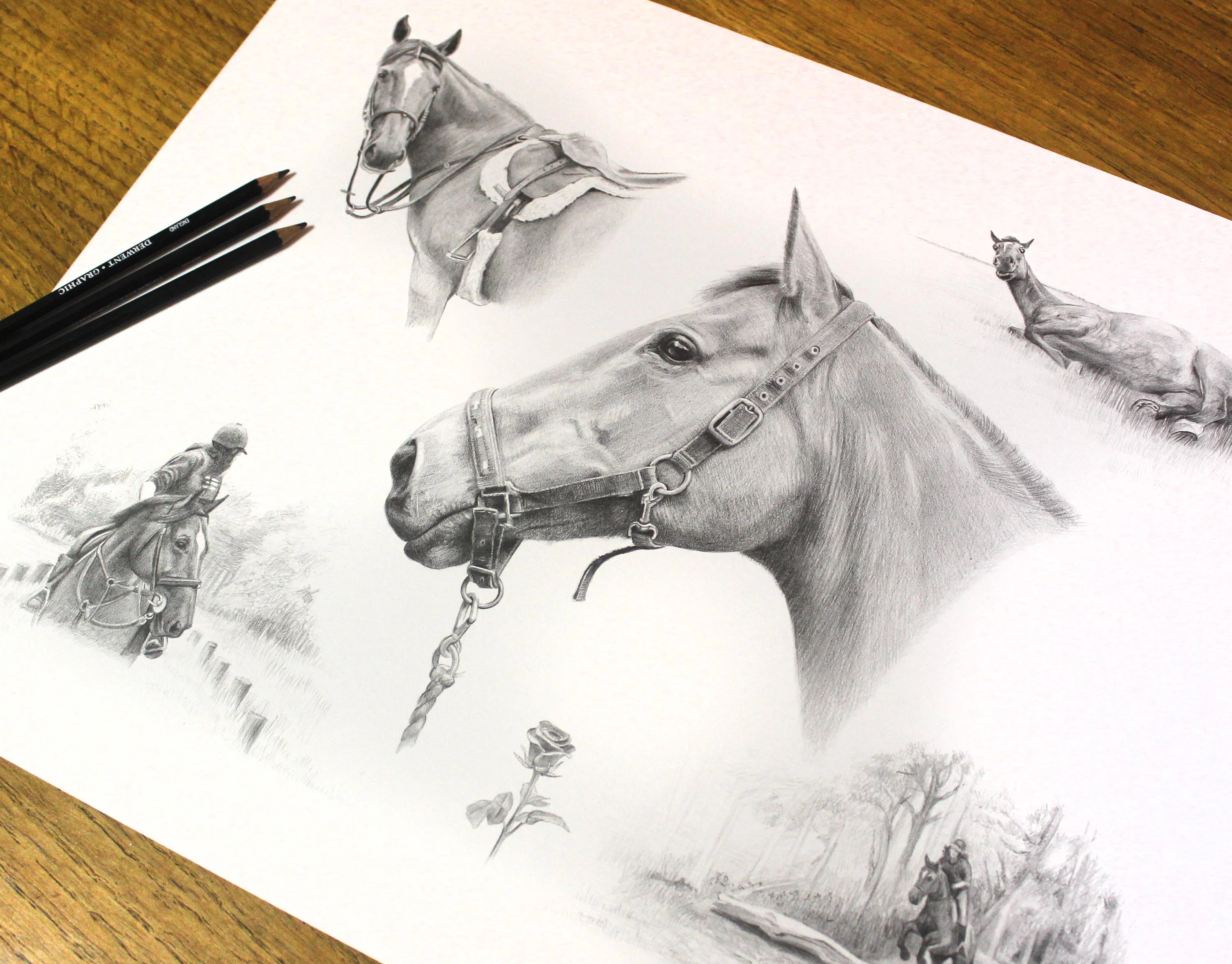 The completed Life Story Portrait pencil portrait of the horse Rose, with multiple studies.