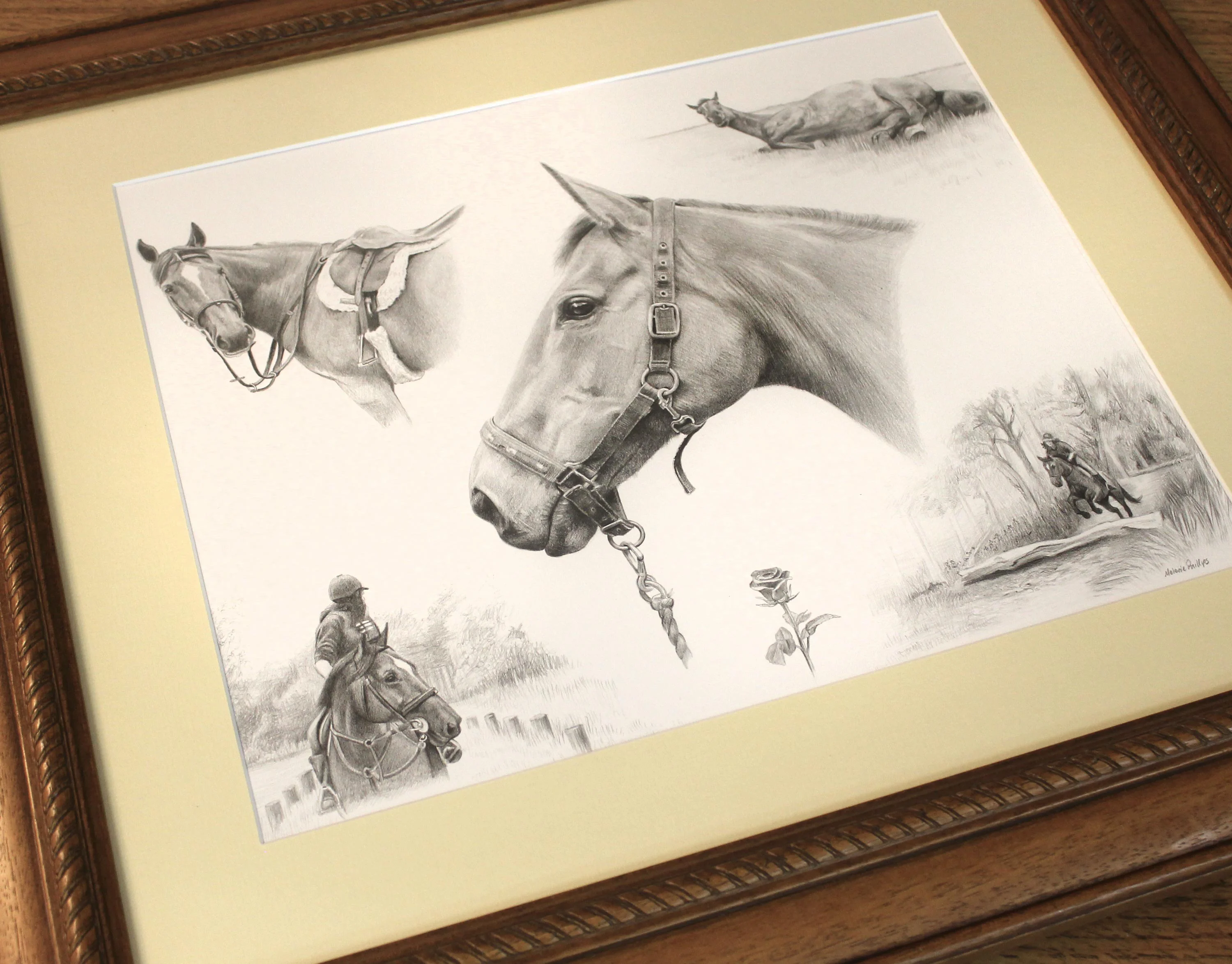 The framed Life Story Portrait pencil portrait of horse Rose, beautifully matted and framed, awaiting its recipient.