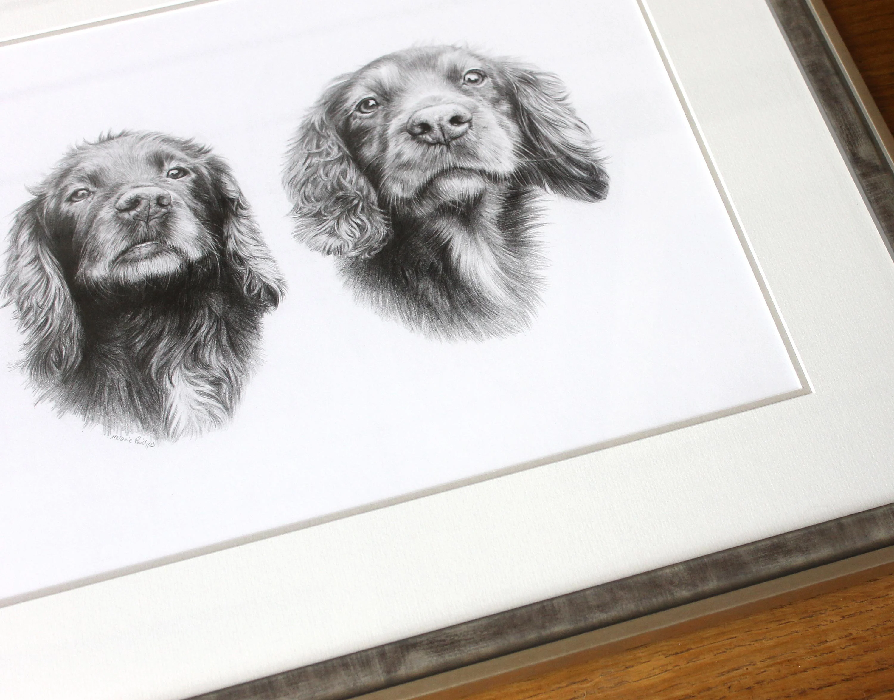 A wider view of the framed pencil portrait of Jenny and Fern, showing the full artwork.